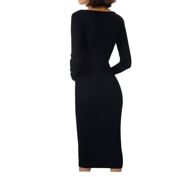 Midi Dress Long Sleeve Bodycon Ribbed Knit Square Neck Stretch Black Size 0 - Picture 4 of 6